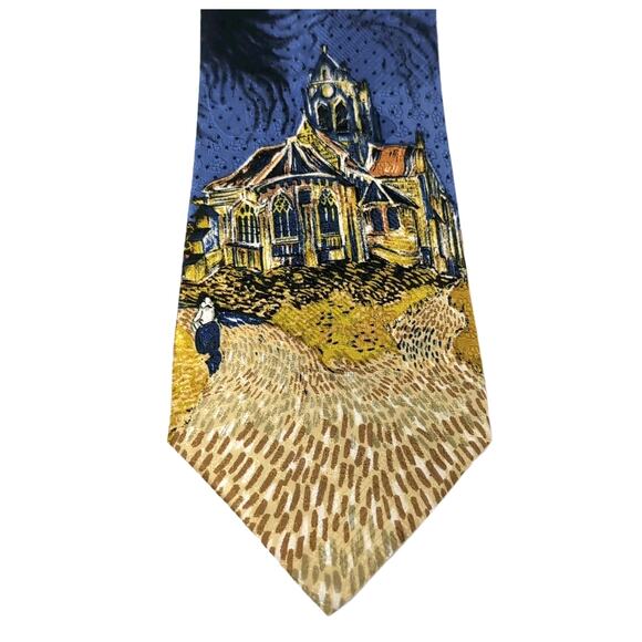 VTG 90s Museum Boutique Silk Tie Vincent Van Gogh The Church Of Auver Suroise - Picture 1 of 8